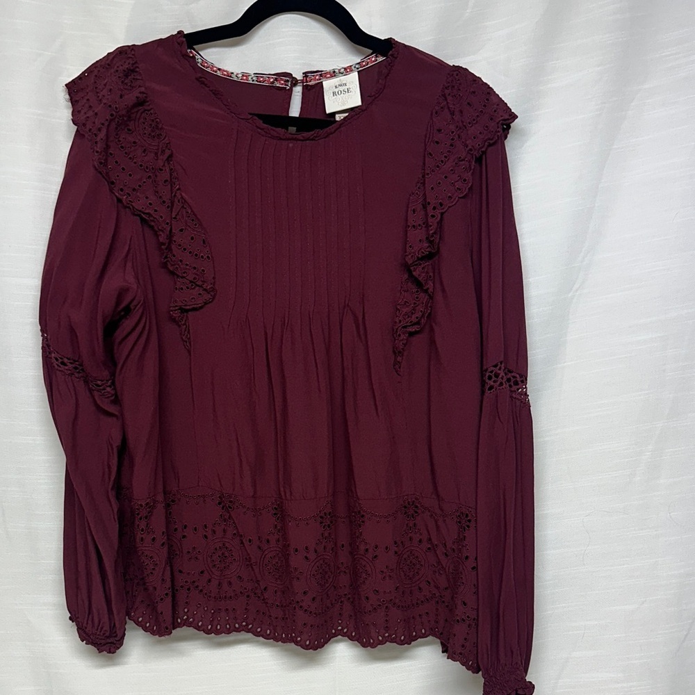 NEW Knox Rose Women's Eyelet Long Sleeve Blouse Antique Berry Size XXL